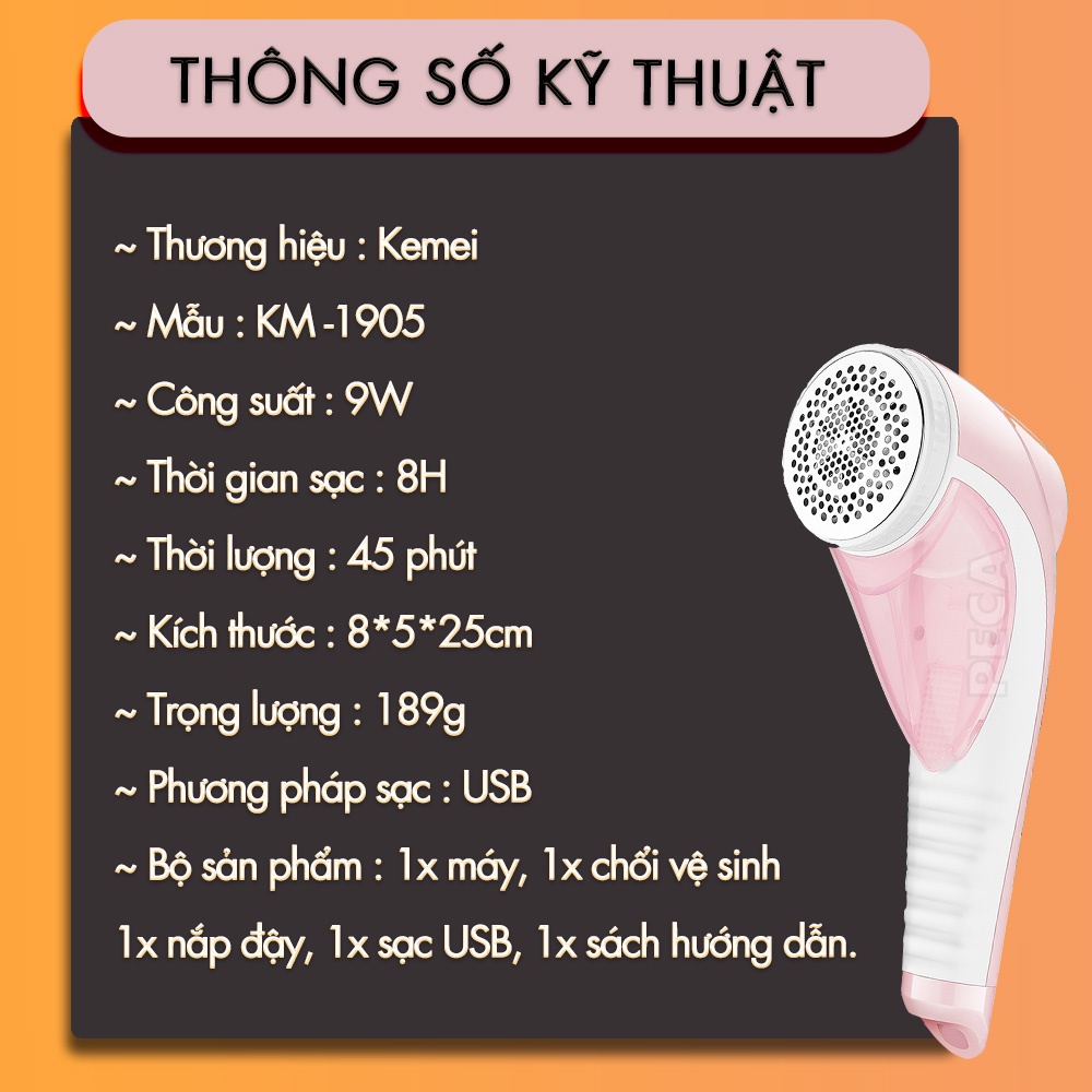 Máy cắt lông xù chuyên nghiệp Kemei KM-1905 hoạt động mạnh mẽ công suất 9W sử dụng sạc USB dùng cắt lông xù thừa trên vải, thú nhồi bông, chăn ga nệm nhanh chống