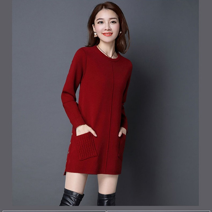 Đầm suông len dáng lửng 2 túi trước phối khuy sườn trẻ trung ArcticHunter, thời trang thương hiệu chính hãng