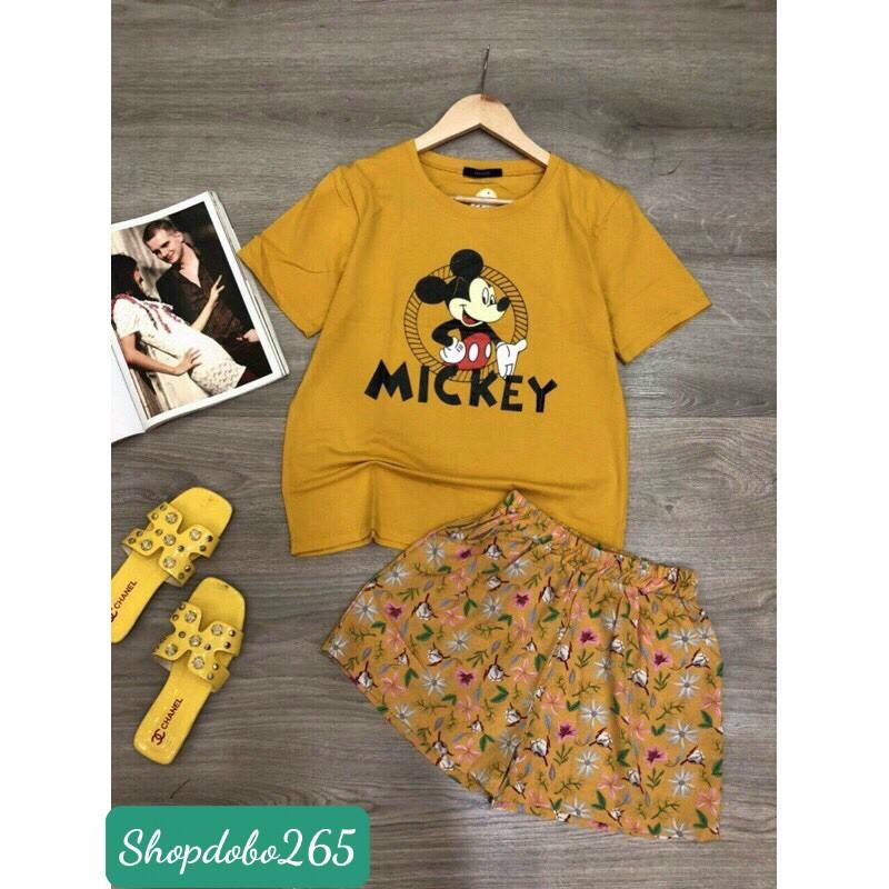 Đồ bộ nữ,đồ ngủ mặc nhà đùi áo thun cotton phối quần vải lụa size 45-57kg.