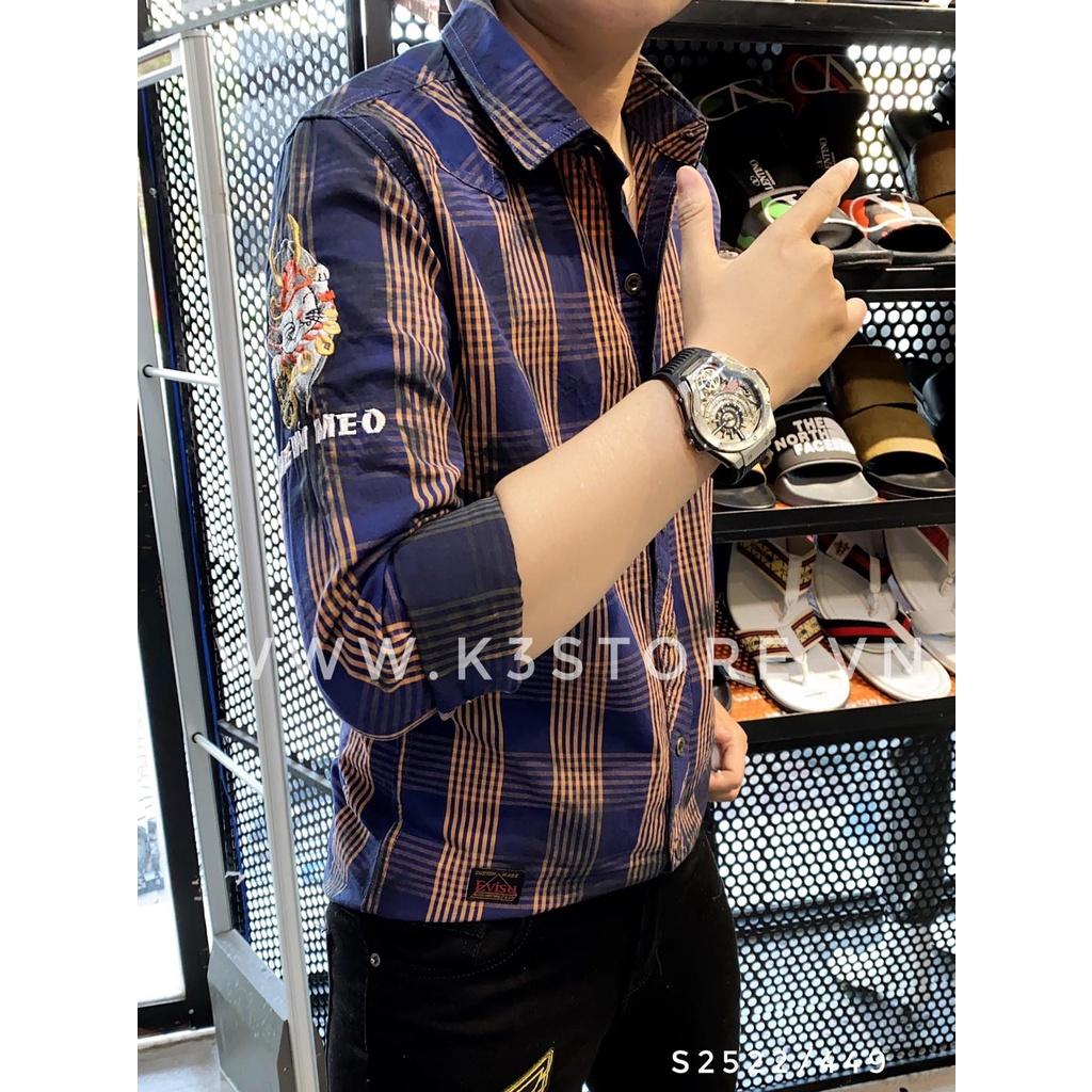 Sơ mi nam tay dài sọc nâu xanh thêu evisu kuro japan hàng thiết kế K3 STORE