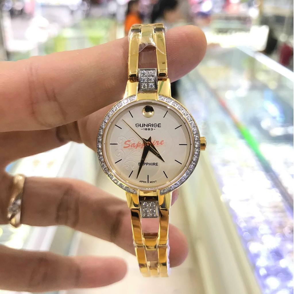 Đồng hồ nữ SUNRISE 9927SA trắng vành hạt full hộp chính hãng, kính Sapphire chống xư