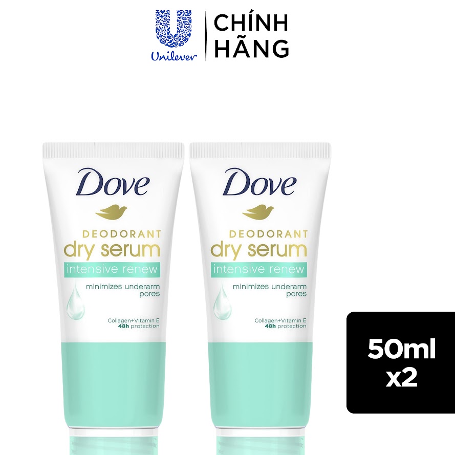 Combo 2 Kem khử mùi Dove tinh chất serum dành cho nữ với Collagen &amp; Vitamin E dưỡng da sáng mịn &amp; thu nhỏ lỗ chân lông, 50ml