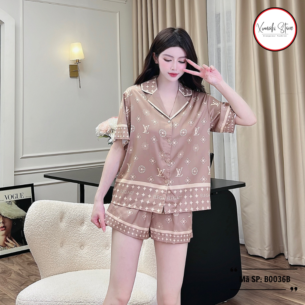Bộ pijama áo cộc quần đùi hoạ tiết chữ nhiều màu chất lụa cao cấp Xumaki Store BO036B