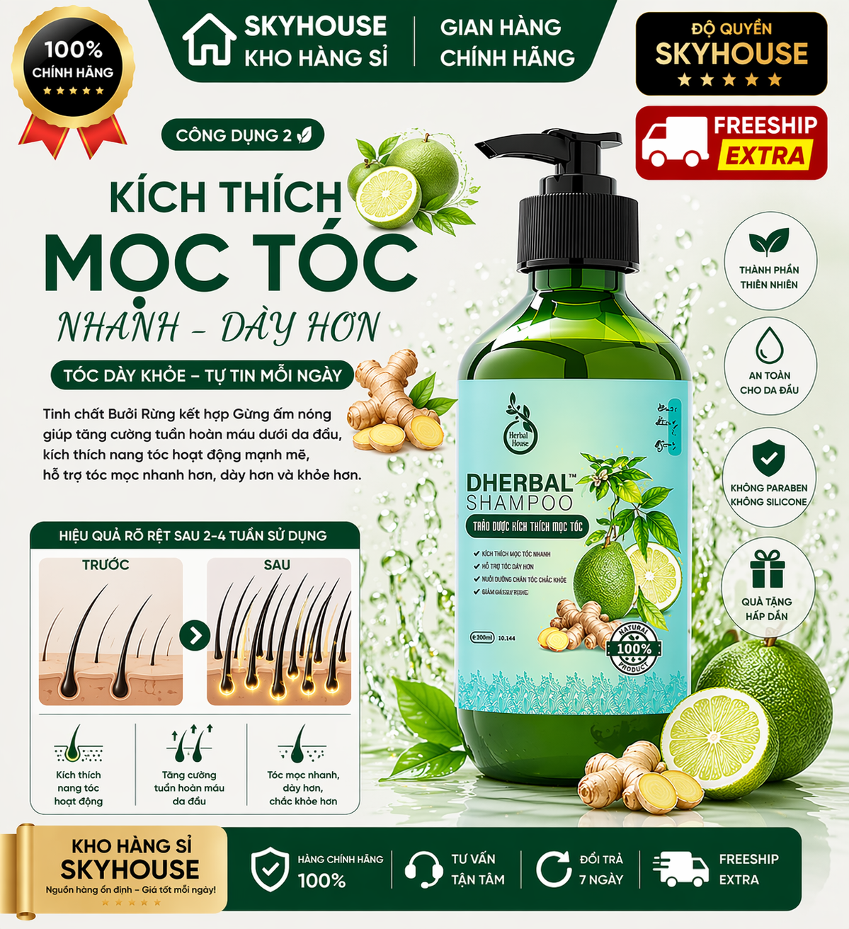 Dầu gội thảo dược tinh chất bưởi rừng gừng độc quyền DHERBAL chai 300ml  giảm gãy rụng cải thiện mọc tóc chính hãng