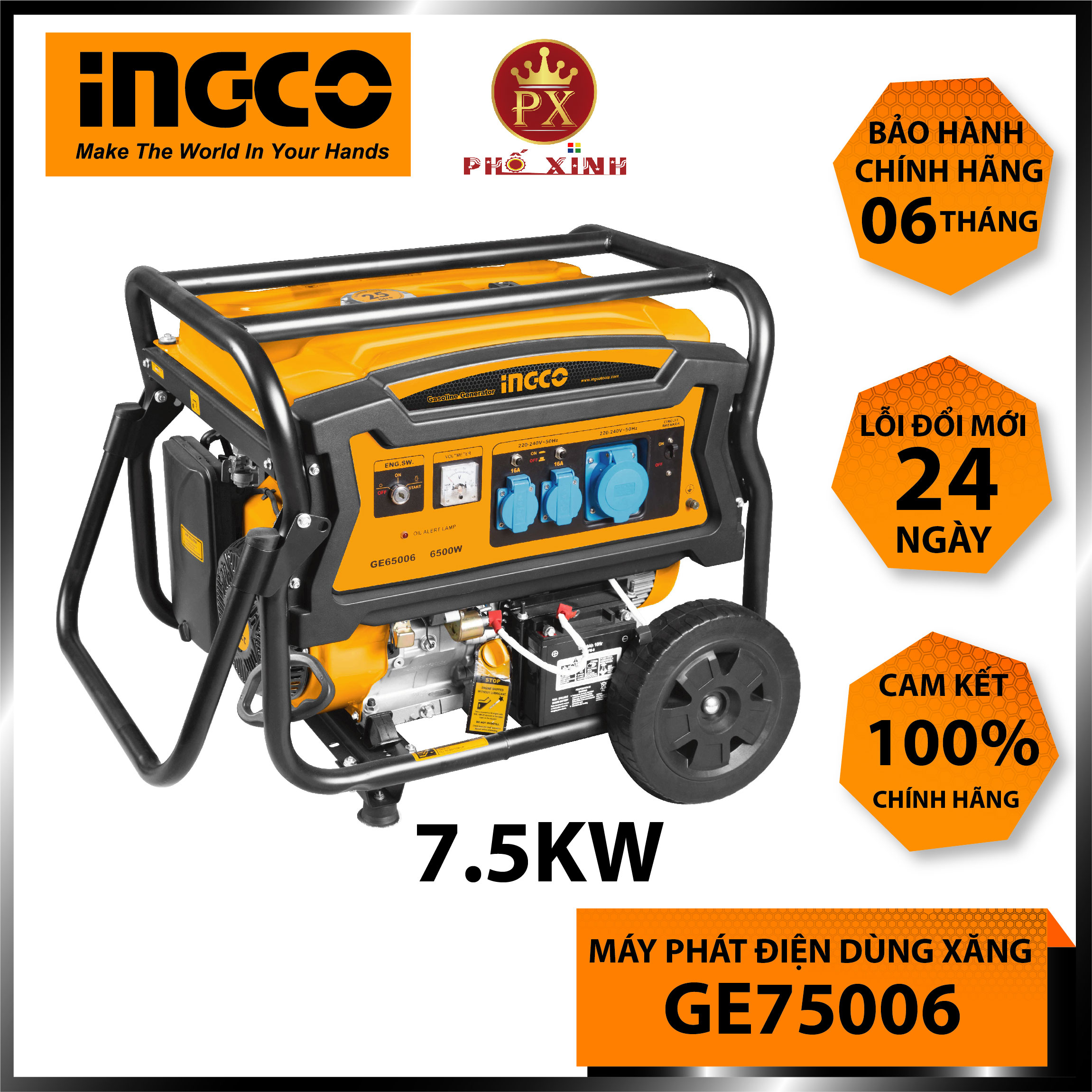 MÁY PHÁT ĐIỆN DÙNG XĂNG INGCO 7.5KW GE75006- MOTOR DÂY ĐỒNG - GIẬT NỔ + ĐỀ ĐIỆN - HÀNG CHÍNH HÃNG