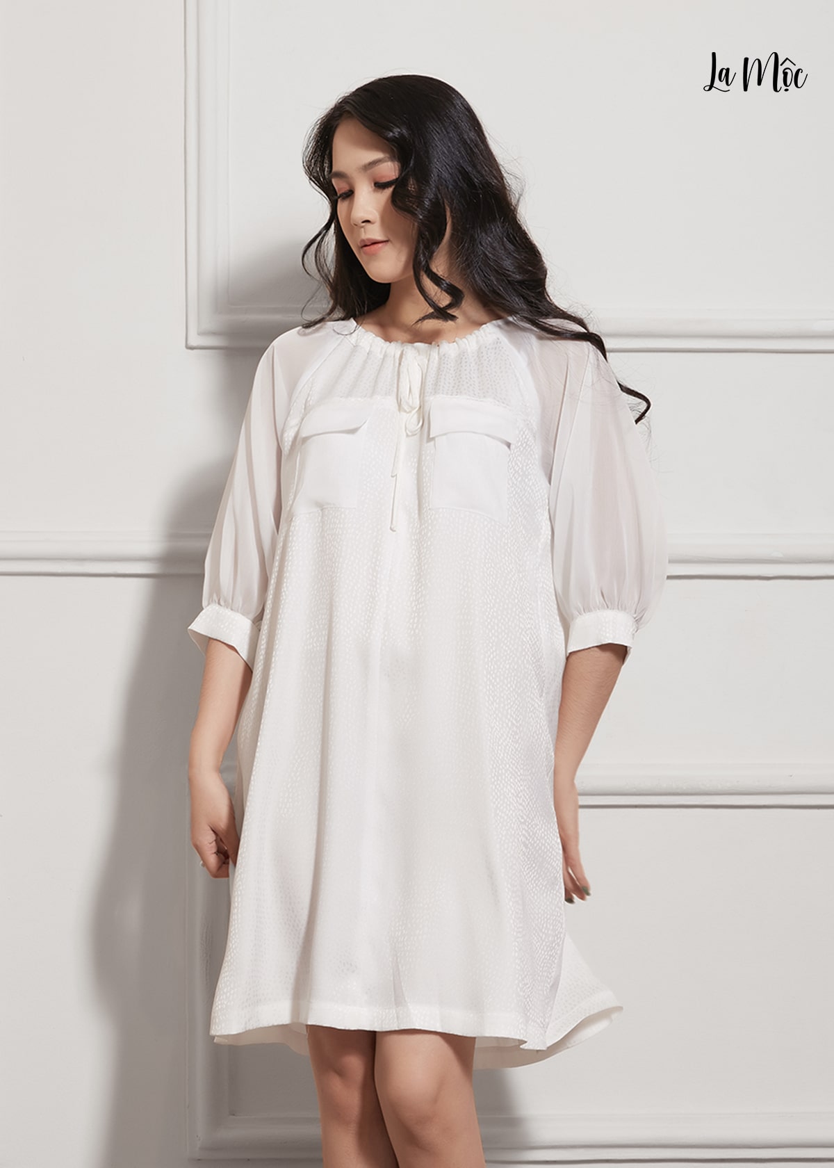 Đầm Babydoll Satin Cổ Tròn Tay Lỡ Maxivic, La Mộc - LM012213
