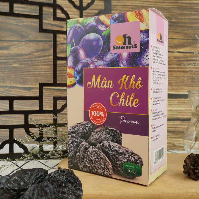 Mận Khô Smile Nuts Chile hộp giấy 500g - Nhập khẩu từ Chile (Khô tự nhiên trên cát nóng, giữ trọn vị chua ngọt tự nhiên, hoàn toàn không tẩm đường)