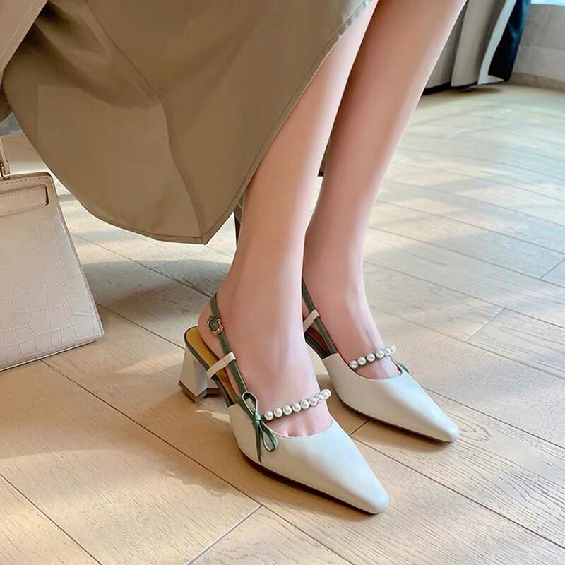 Giày cao gót công sở gót trụ 5cm, giày da mềm hở gót đính cườm ngọc