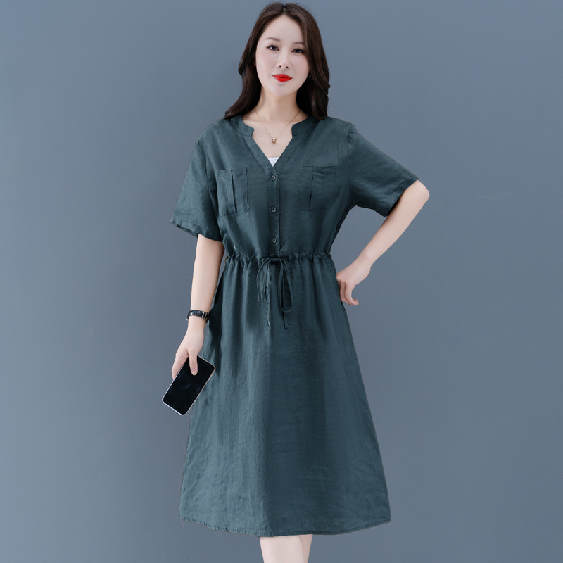 Đầm suông linen cổ V thắt eo 2 màu,thời trang nữ phong cách trẻ trung Haint Boutique Hb72