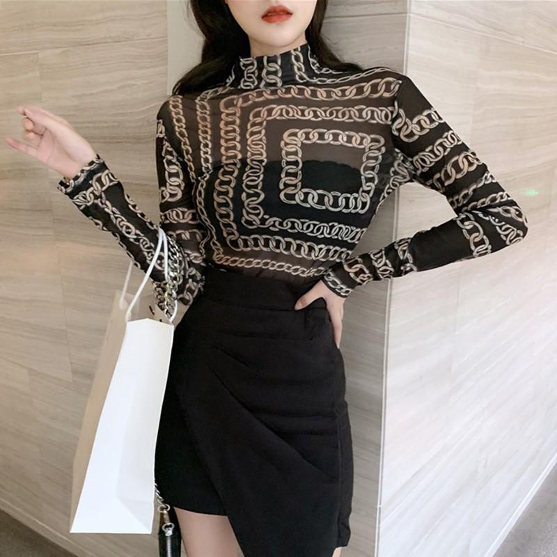 Áo thun lưới dài tay họa tiết hoa phong cách Hàn Quốc dành cho nữ