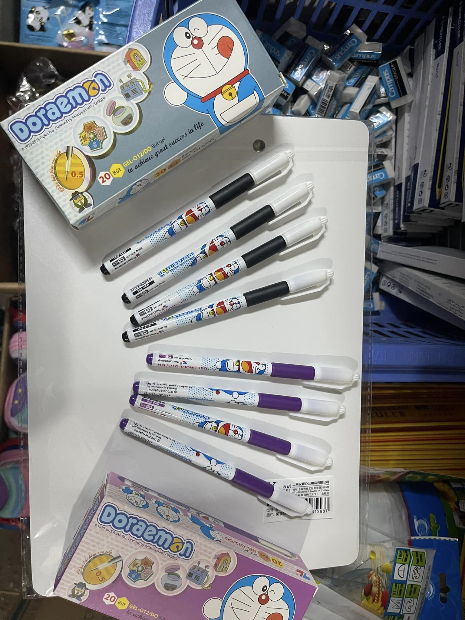 Hộp 20 cây bút bi nước Doraemon màu Tím Xanh ngòi 0.5 - Bút gel - Bút bi xanh - Bút bi tím