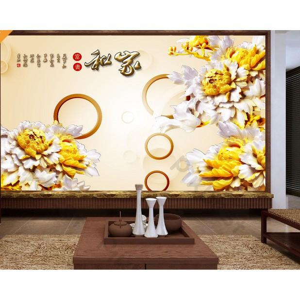 Tranh dán tường Hoa mẫu đơn chạm khắc nghệ thuật, tranh dán tường 3d hiện đại MS635928