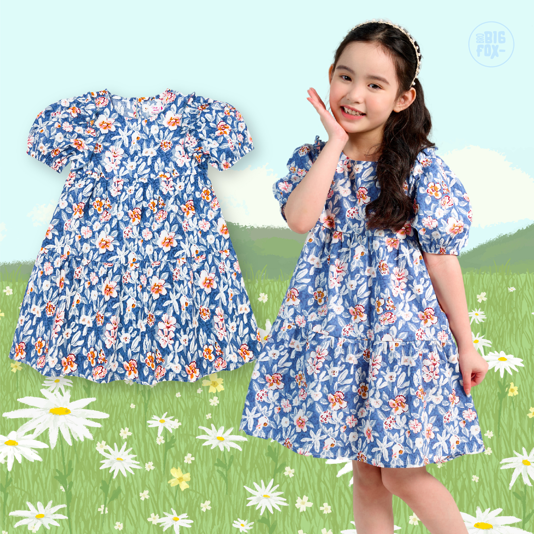 Váy Bé Gái Miss Meow, Váy Thô Cho Bé Tay Xếp Ly Xoè Ba Tầng In Hoa Size Trẻ Em 3-11 Tuổi