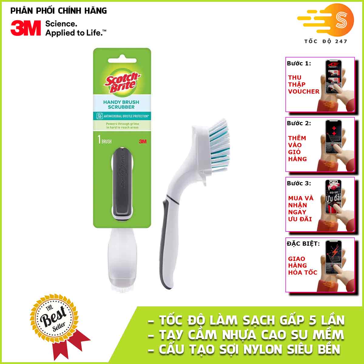 Bàn chải chà sàn sợi nylon cao cấp có tay cầm Scotch-Brite 3M BCNL-552