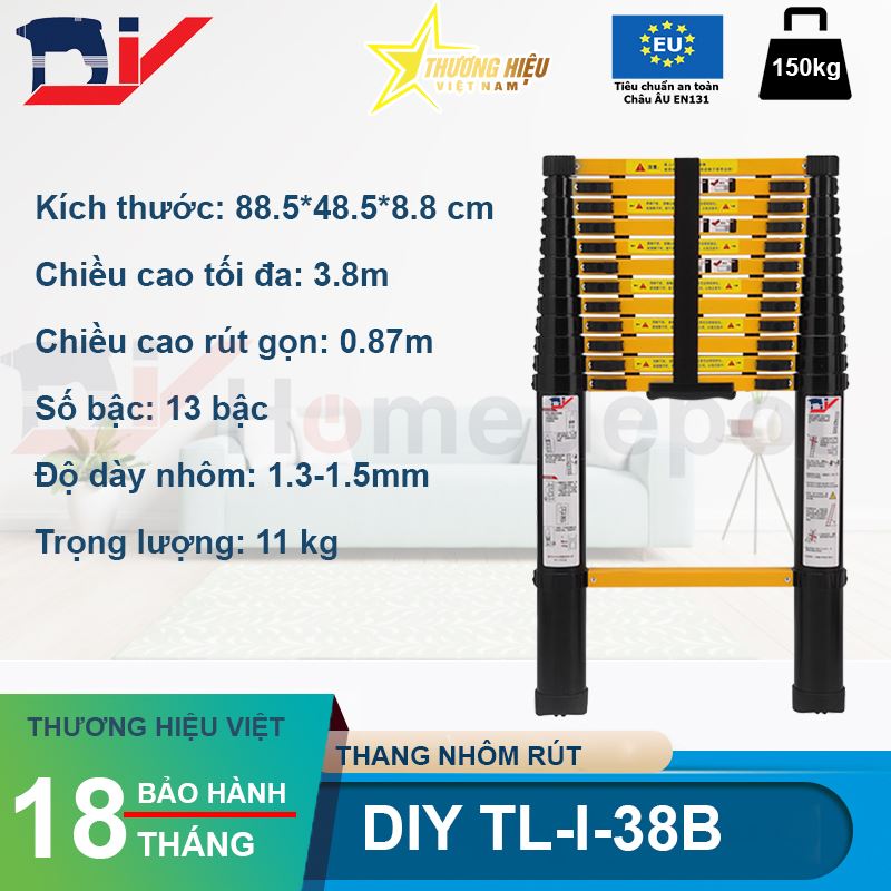 Thang nhôm rút đơn DIY TL-I-38B chiều cao sử dụng tối đa 3.8M