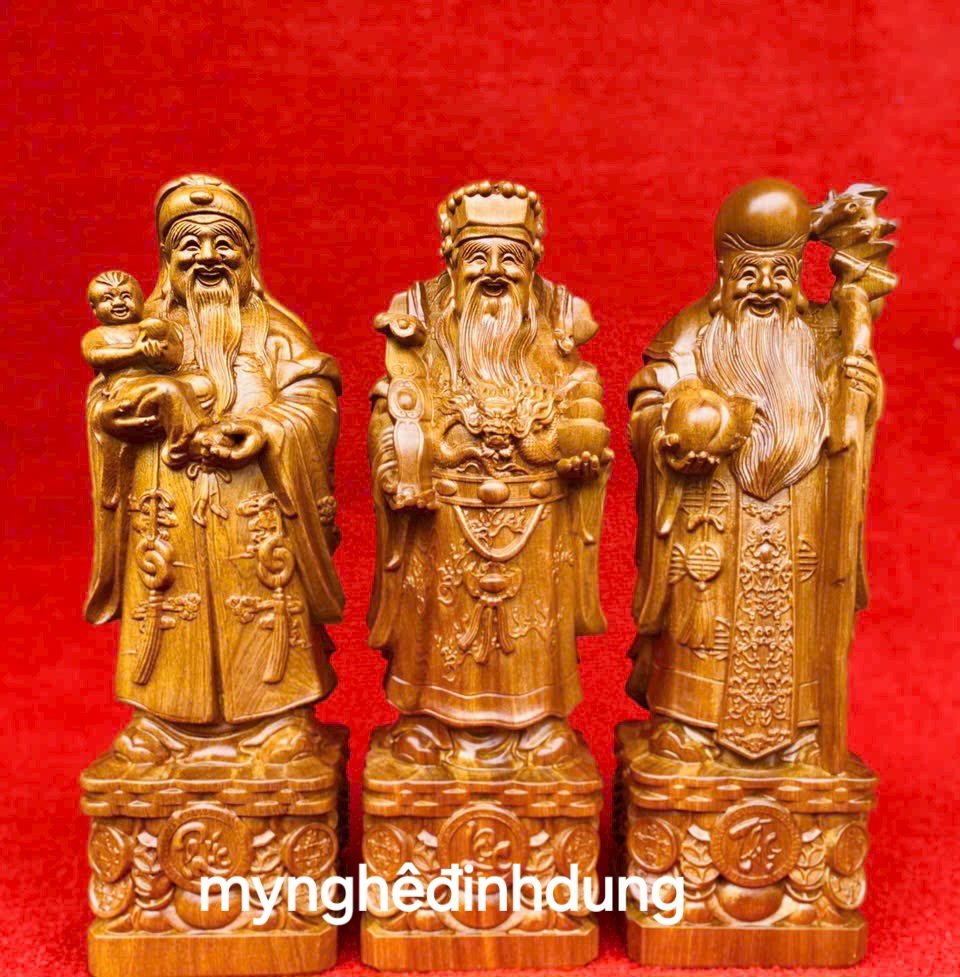 Bộ tượng phật tam đa phúc lộc thọ bằng gỗ bách xanh thơm nức cao 30x11x9cm