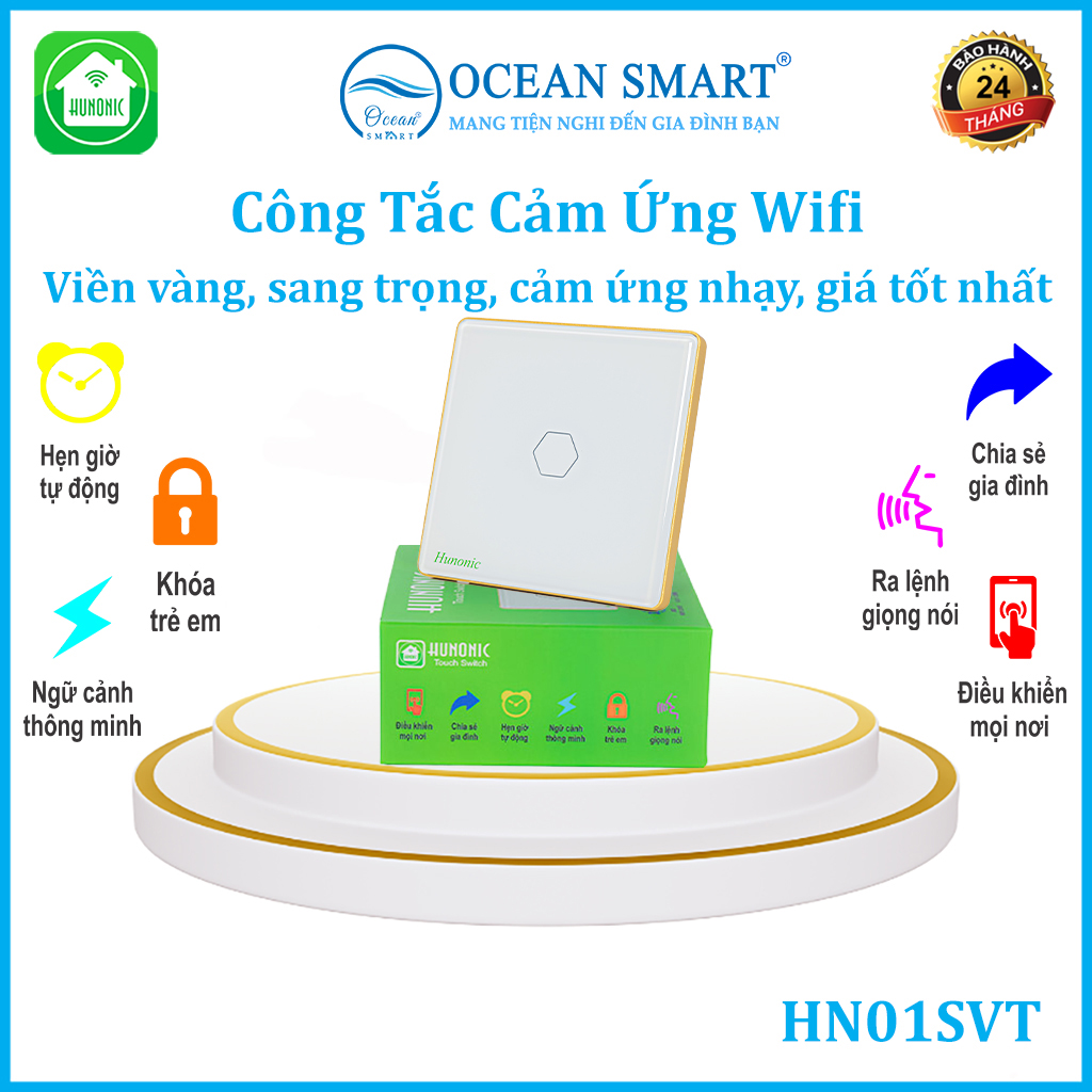 Công Tắc Thông Minh Wifi Hunonic, Công Tắc Điều Khiển Từ Xa Qua Điện Thoại Hình Vuông - HNSV