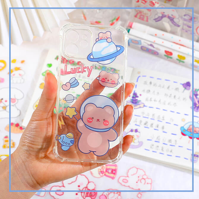 SET 6 Tờ 90 Nhãn Dán Sticker Thỏ Gấu PET Trong Suốt Cute Không Thấm Nước Trang Trí Dễ Thương