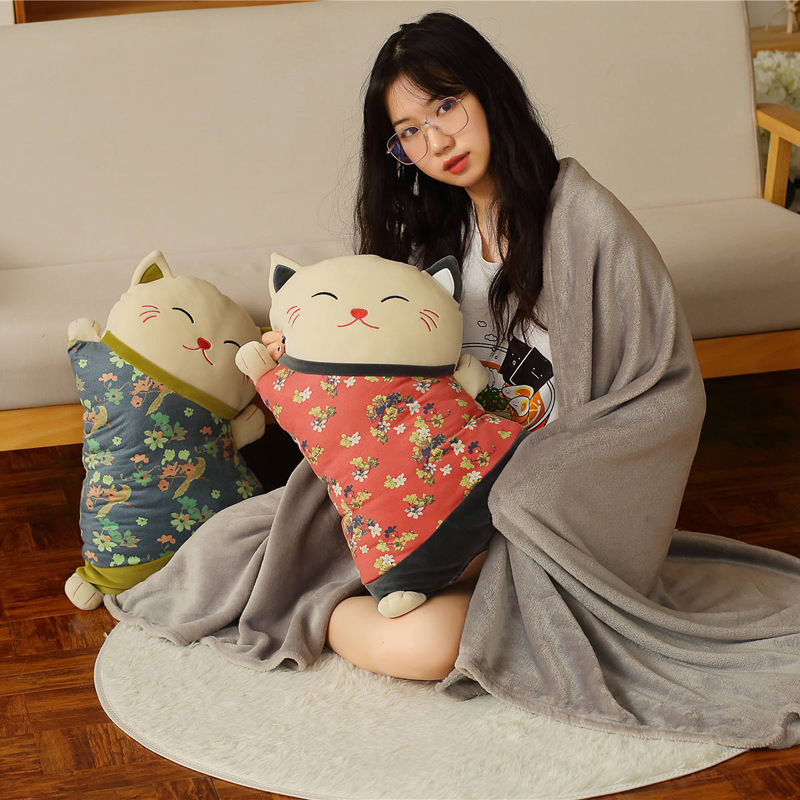 Gối Tựa Lưng Gối Trang Trí Sofa Hình Mèo Neko May Mắn Siêu Dễ Thương Kèm Mền