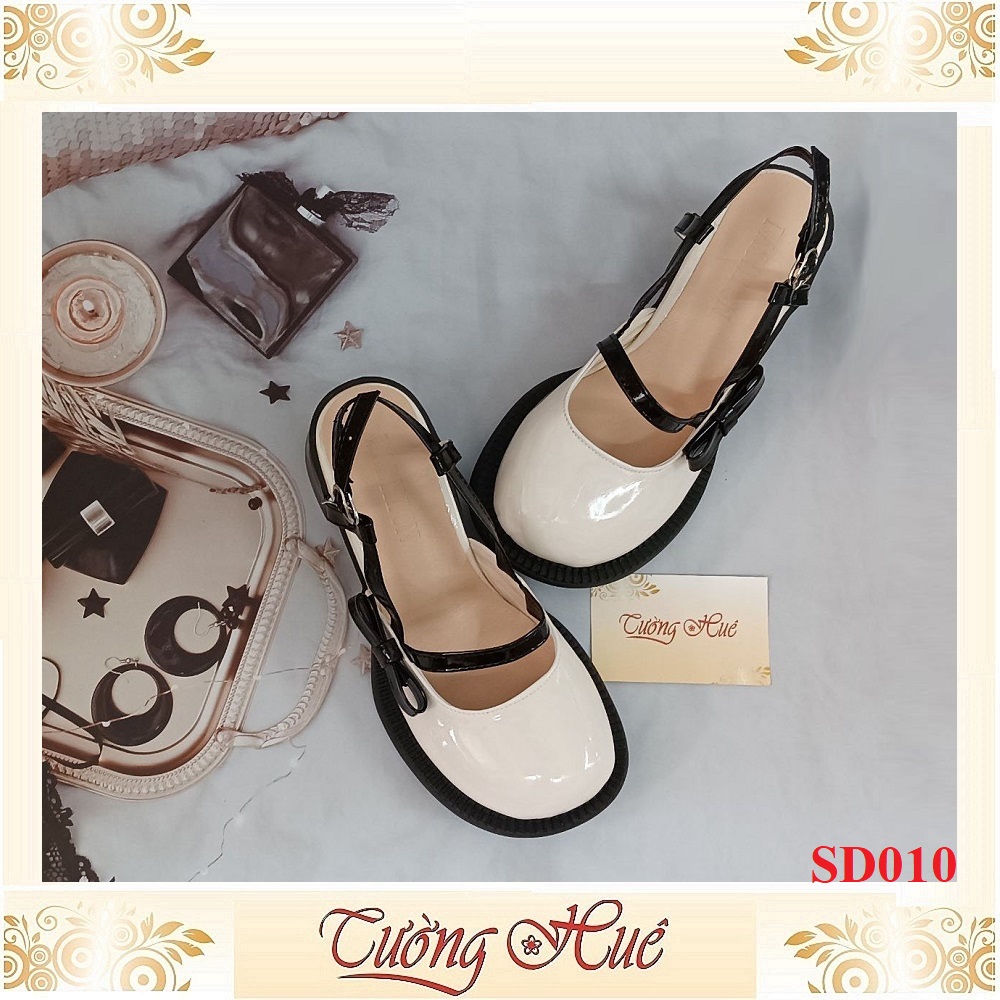 Giày Sandal Cao Gót Nữ Da Bóng Phối Nơ Gót Vuông Cao 6CM - Hàng Quảng Châu