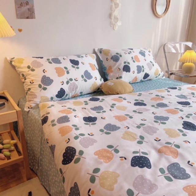 Set Cotton Living Hàng Nhập Khẩu Cao Cấp 4 Món Hoa Xanh