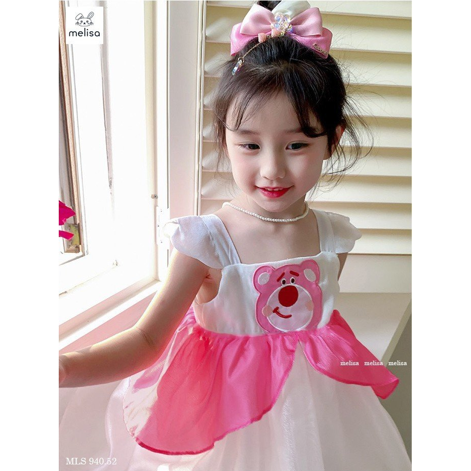 Đầm công chúa gấu dâu Lotso cho bé gái từ 12-35kg chất voan mềm mát
