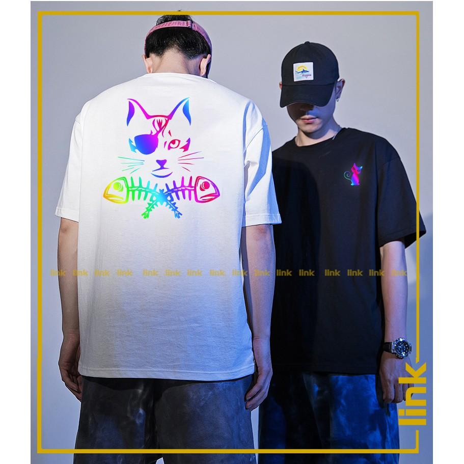 Áo thun phản quang đa sắc Cá và Mèo tay lỡ unisex