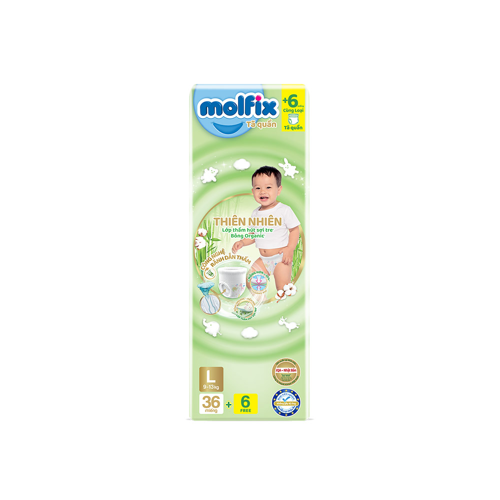Tã/bỉm quần Molfix Thiên nhiên Jumbo L - Gói 36+6 miếng