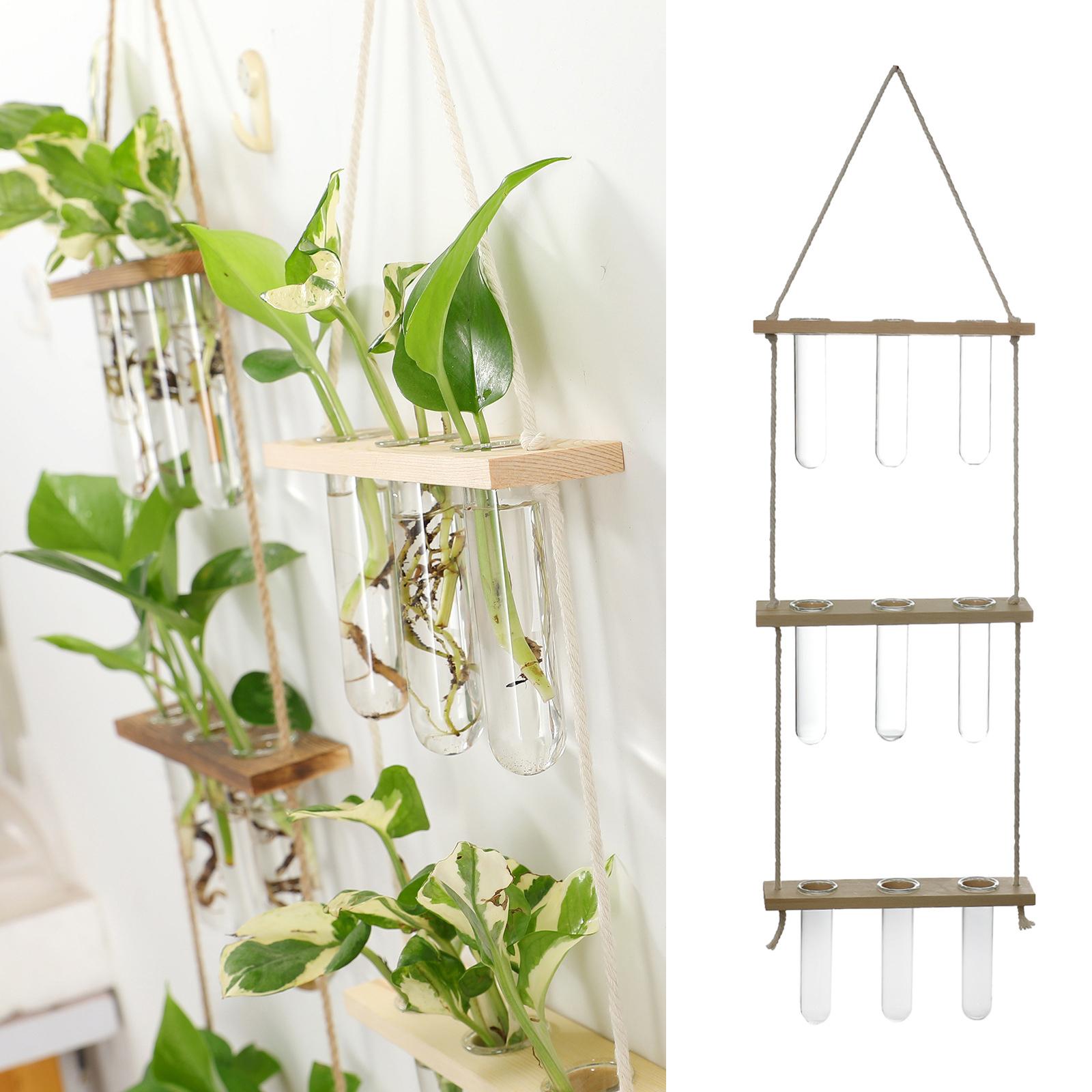 Wall Hanging Planter Flower Bud Vase Glass Terrarium Wooden Stand Test Tube Vase for Propagating Hydroponic Plants Home Garden Wedding Decoration