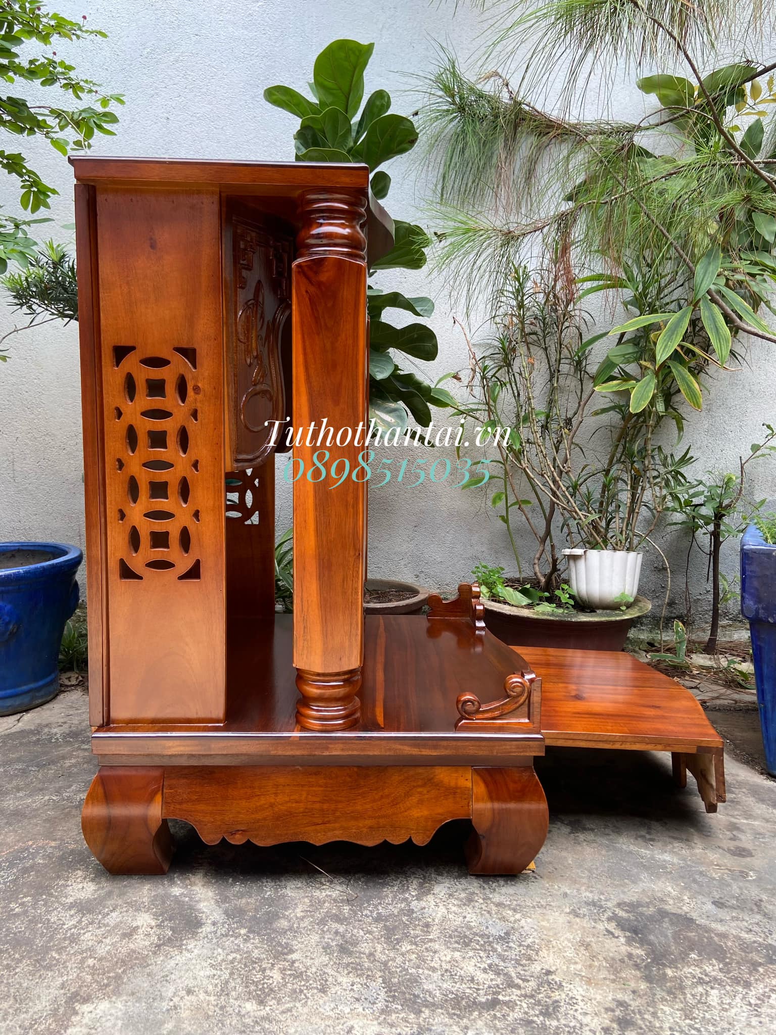 Bàn thờ thần tài gỗ Tràm cột vuông 60CM X 88CM, ngăn kéo bệ lớn