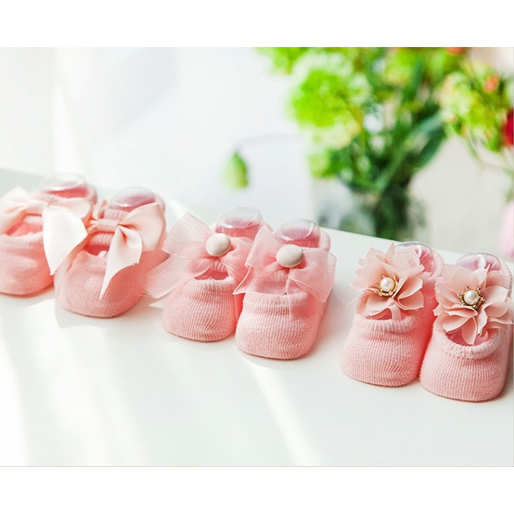 Set 3 Đôi Tất Hài Có Đế Chống Trơn Trượt Hàn Quốc Xinh Xắn Cho Bé Gái