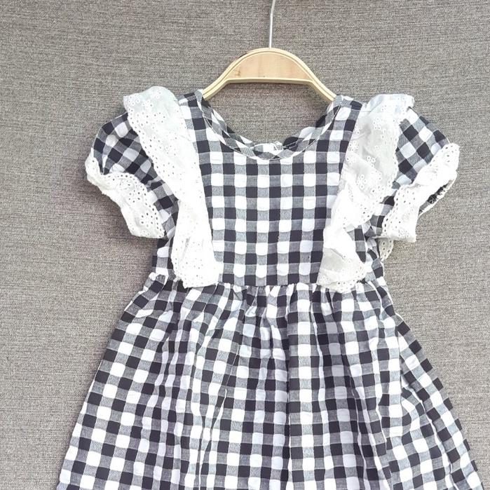 Váy hè cho bé gái 1-12 tuổi cộc tay hàng thiết kẻ caro cổ phối ren, Đầm babydoll trẻ em thoáng mát