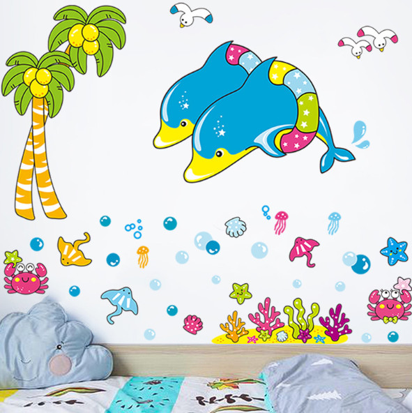 Decal trang trí tường - 2 chú cá heo xanh