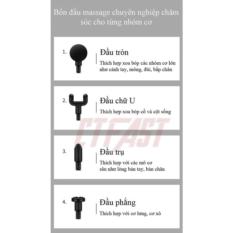 Máy massage cầm tay mini đấm lưng mát xa trị liệu 6 chế độ, 4 đầu massage giãn cơ, mát xa chuyên sâu