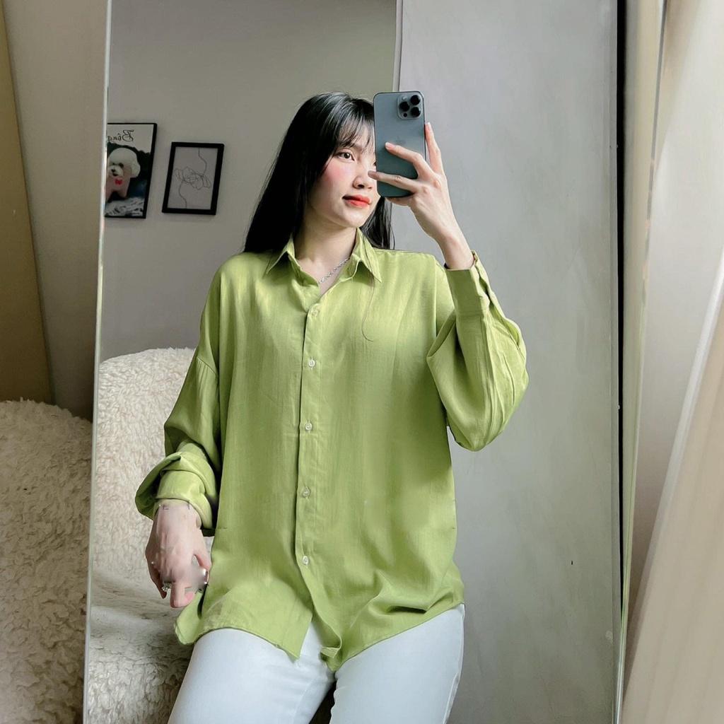 Set áo sơmi xanh bơ cột dây phối quần suông trắng