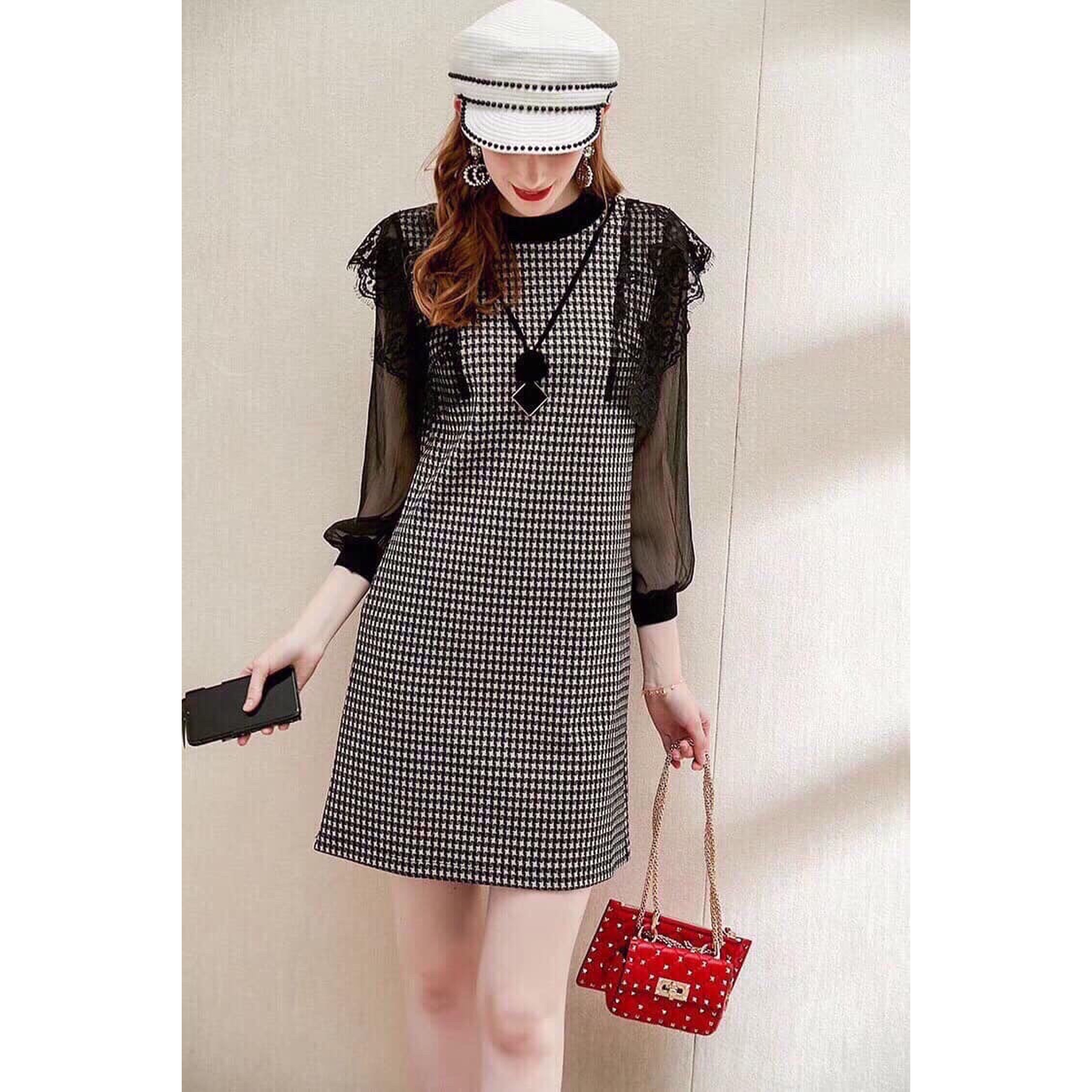 Đầm suông caro phối ren