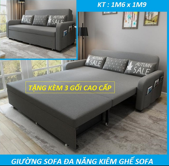 GIƯỜNG SOFA THÔNG MINH GẤP GỌN KHUNG THÉP CHỊU LỰC. KT 1m6 x 1m9 TẶNG KÈM 3 GỐI CÙNG TONE Nội Thất Juno Sofa