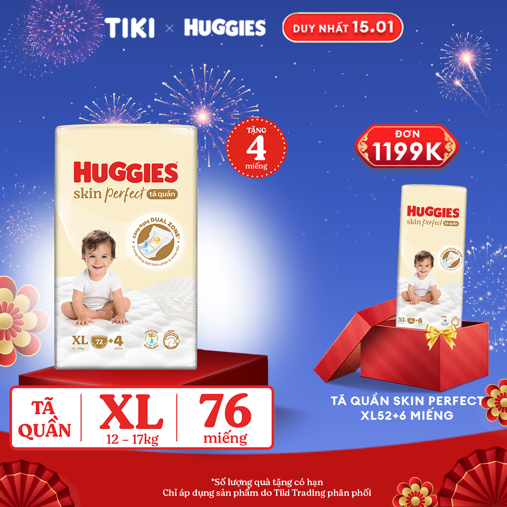 Tã quần Huggies Skin Perfect Mega Jumbo XL72+4 miếng với 2 vùng thấm giảm kích ứng da