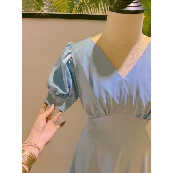 Set áo đôi sơ mi đầm cột eo màu xanh phong cách nhẹ nhàng dành cho các cặp tình nhân
