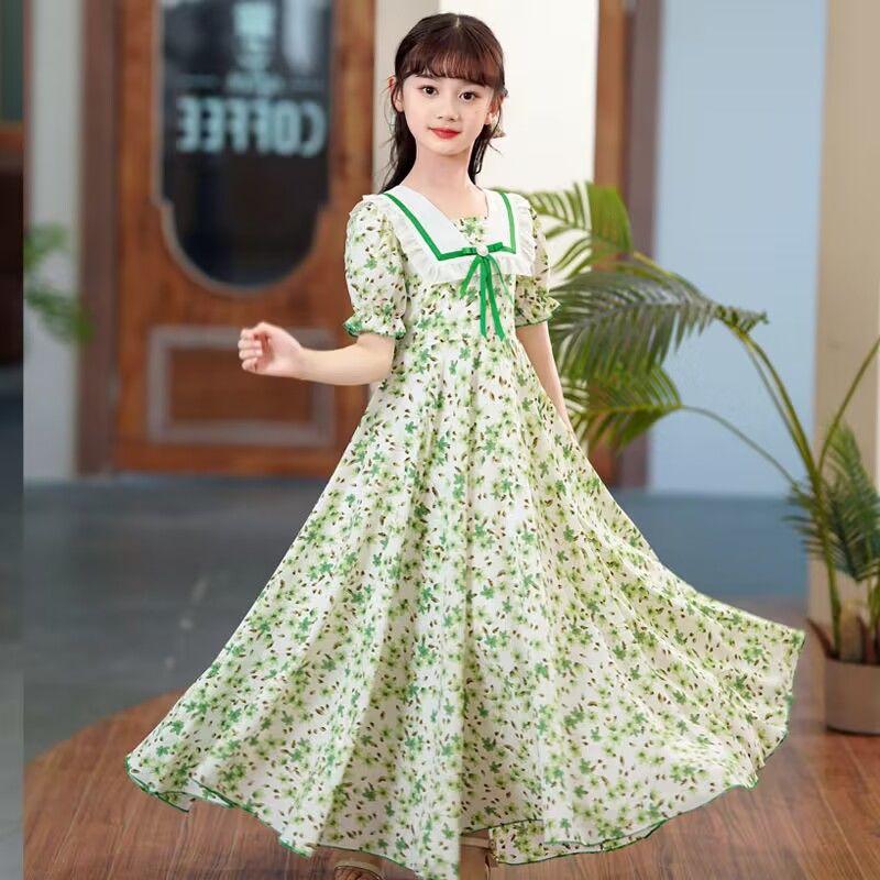 SHUANGYAN Cô gái lớn bé mùa hè váy bong bóng tay áo đầm cô gái nhỏ mùa hè phong cách phương Tây váy sinh viên ngọt ngào trên đầu gối hoa đầm dài