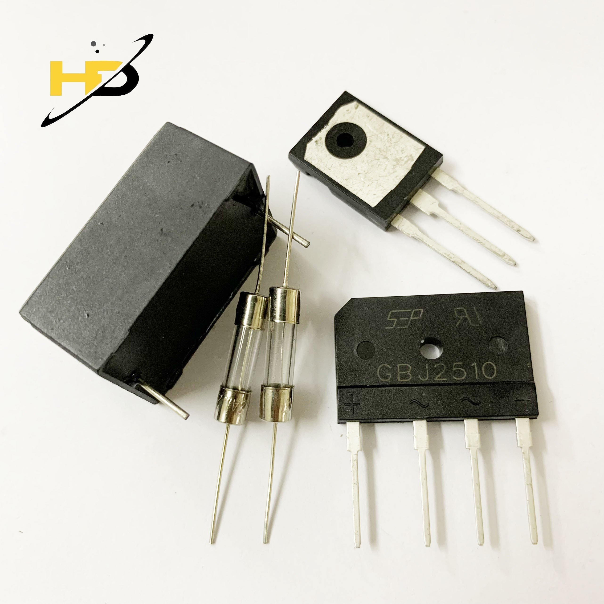 Bộ 4 Con Gồm Cầu Chì Thủy Tinh F12A , Tụ Bếp 5uF Dáng Nằm , Cầu Diode GBJ2510 ,Sò Công Suất H25R1203