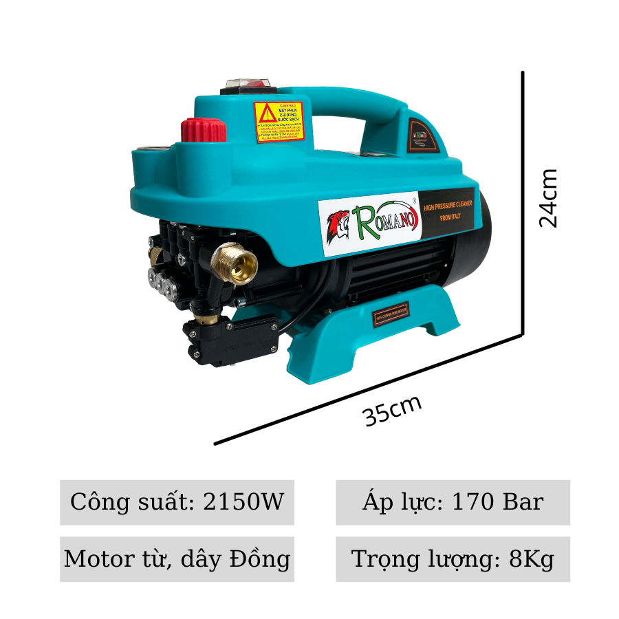 Máy rửa xe Romano RO2150A, Công suất 2150W, Có chỉnh áp, Chống giật, chống quá tải, Bảo hành 12 tháng