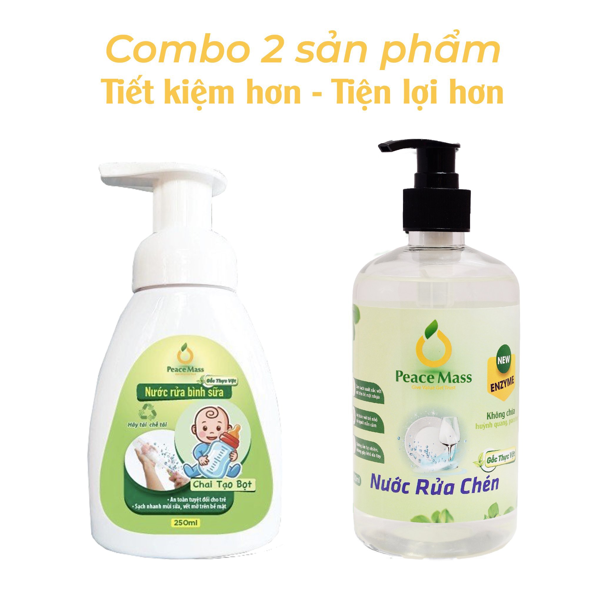 RBSC2 Combo Sản Phẩm Gốc Thực Vật Peace Mass Nước Rửa Bình Sữa 250ml (Chai tạo bọt) + Nước Rửa Chén 500ml