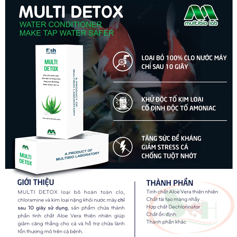 Khử độc nước Multi Detox giảm stress xử lý clo kim loại nặng nước máy bể cá tép thủy sinh