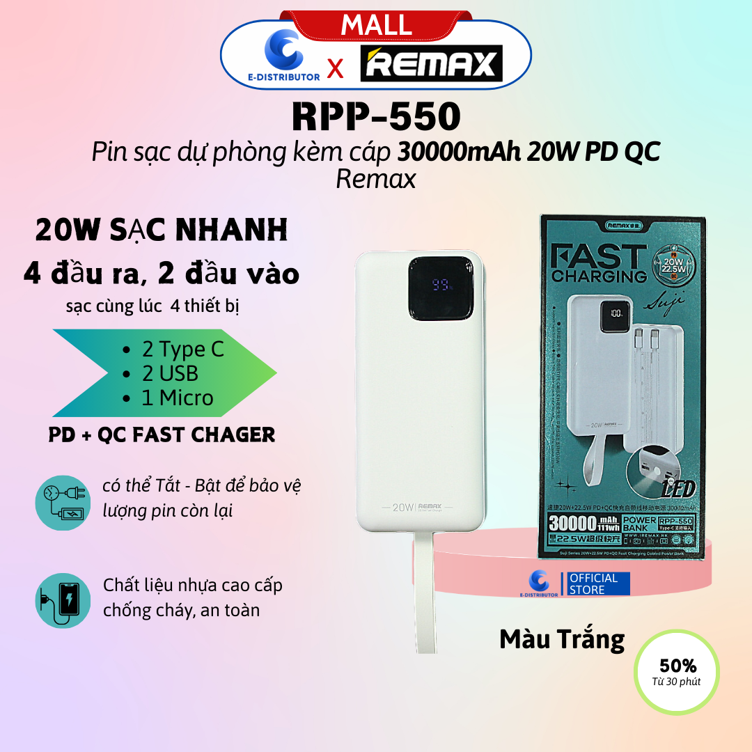 Pin sạc dự phòng kèm cáp 30000mAh 20W PD QC Remax RPP-550 - Hàng Chính Hãng - Bảo Hành 12 Tháng - 4 đầu ra, 2 đầu vào
