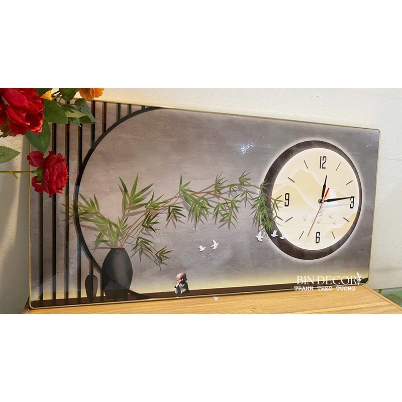 (ẢNH THẬT) Tranh đồng hồ tráng gương cành trúc tranh phòng khách quà tặng tân gia