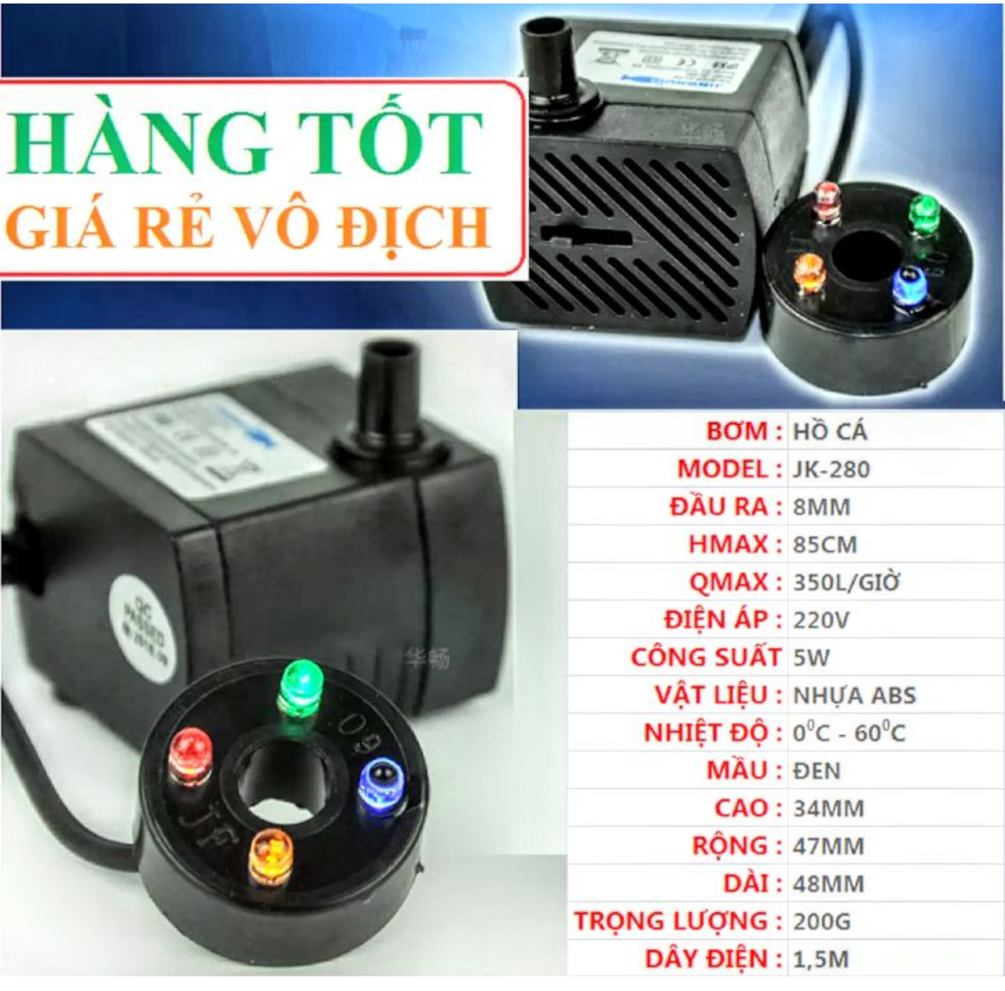 MÁY BƠM CHÌM HỒ BỂ CÁ CẢNH CÁ KIỂNG CÓ ĐÈN LED NHẤP NHÁY NHIỀU MÀU CỰC ĐẸP HÀNG CHUẨN