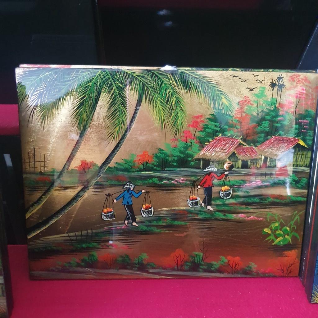 Tranh sơn mài đồng quê vẽ vàng Thanh Bình Lê, hàng xuất khẩu 30x40 cm