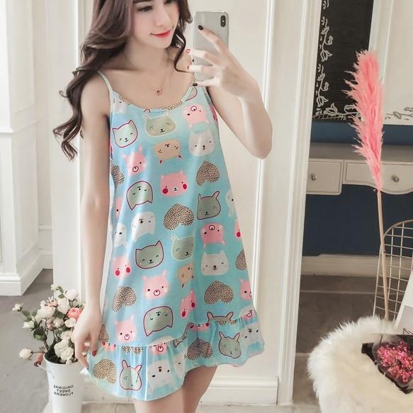 Đầm ngủ chất liệu cotton, đầm mặc nhà hoạ tiết hình heo dễ thương vn28