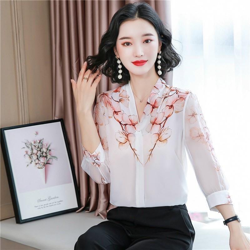 Sơ mi nữ dài tay_sơ mi cổ v vai hoa chất liệu nhẹ thoáng mát